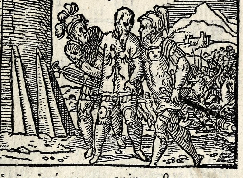 An illustration from Aesopi Phrygis Fabvlae : elegantissimis eiconibus ueras animalium species ad uiuum adumbrantes. Gabriae Graeci Fabellae XXXXIIII. Batrachomyomáchia Homeri, hoc est, Ranarum & murium pugna. Galeōmyomachía, hoc est, Felium & murium pugna, tragoedia graeca : haec omnia cum Latina interpretatione, 1551, leaf 281