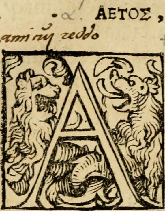 An illustration from Aesopi Phrygis vita et fabellae : cum latina interpretatione. Gabriae Graeci fabellae tres & quadraginta ex trimetris iambis, praeter ultima ex Scazonte, tetrastichis conclusae : cum latina interpretatione. Ex Aphthonii exercitametis de fabula : tum de formicis & cicadis graece & latine. De fabula ex imaginibus Philostrati graece & latine. Ex Hermogensis exercitametis de fabula Prisciano interprete. [Homeri batrachomyomachia, hoc est, Ranarum & murium pugna : Graece & Latine. De Ero & Leandro : Graece & Latine, 1518, leaf 105