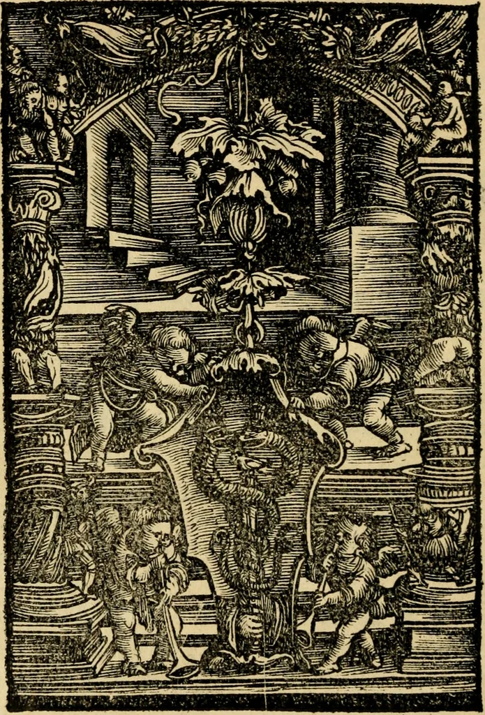 An illustration from Aesopi Phrygis vita et fabellae : cum latina interpretatione. Gabriae Graeci fabellae tres & quadraginta ex trimetris iambis, praeter ultima ex Scazonte, tetrastichis conclusae : cum latina interpretatione. Ex Aphthonii exercitametis de fabula : tum de formicis & cicadis graece & latine. De fabula ex imaginibus Philostrati graece & latine. Ex Hermogensis exercitametis de fabula Prisciano interprete. [Homeri batrachomyomachia, hoc est, Ranarum & murium pugna : Graece & Latine. De Ero & Leandro : Graece & Latine, 1518, leaf 267