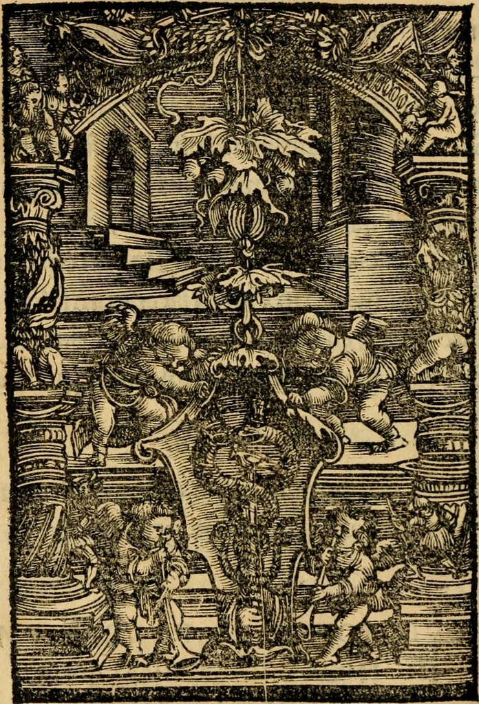 An illustration from Aesopi Phrygis vita et fabellae : cum latina interpretatione. Gabriae Graeci fabellae tres & quadraginta ex trimetris iambis, praeter ultima ex Scazonte, tetrastichis conclusae : cum latina interpretatione. Ex Aphthonii exercitametis de fabula : tum de formicis & cicadis graece & latine. De fabula ex imaginibus Philostrati graece & latine. Ex Hermogensis exercitametis de fabula Prisciano interprete. [Homeri batrachomyomachia, hoc est, Ranarum & murium pugna : Graece & Latine. De Ero & Leandro : Graece & Latine, 1518, leaf 299