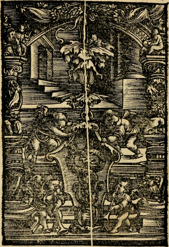 An illustration from Aesopi Phrygis vita et fabellae : cum latina interpretatione. Gabriae Graeci fabellae tres & quadraginta ex trimetris iambis, praeter ultima ex Scazonte, tetrastichis conclusae : cum latina interpretatione. Ex Aphthonii exercitametis de fabula : tum de formicis & cicadis graece & latine. De fabula ex imaginibus Philostrati graece & latine. Ex Hermogensis exercitametis de fabula Prisciano interprete. [Homeri batrachomyomachia, hoc est, Ranarum & murium pugna : Graece & Latine. De Ero & Leandro : Graece & Latine, 1518, leaf 331