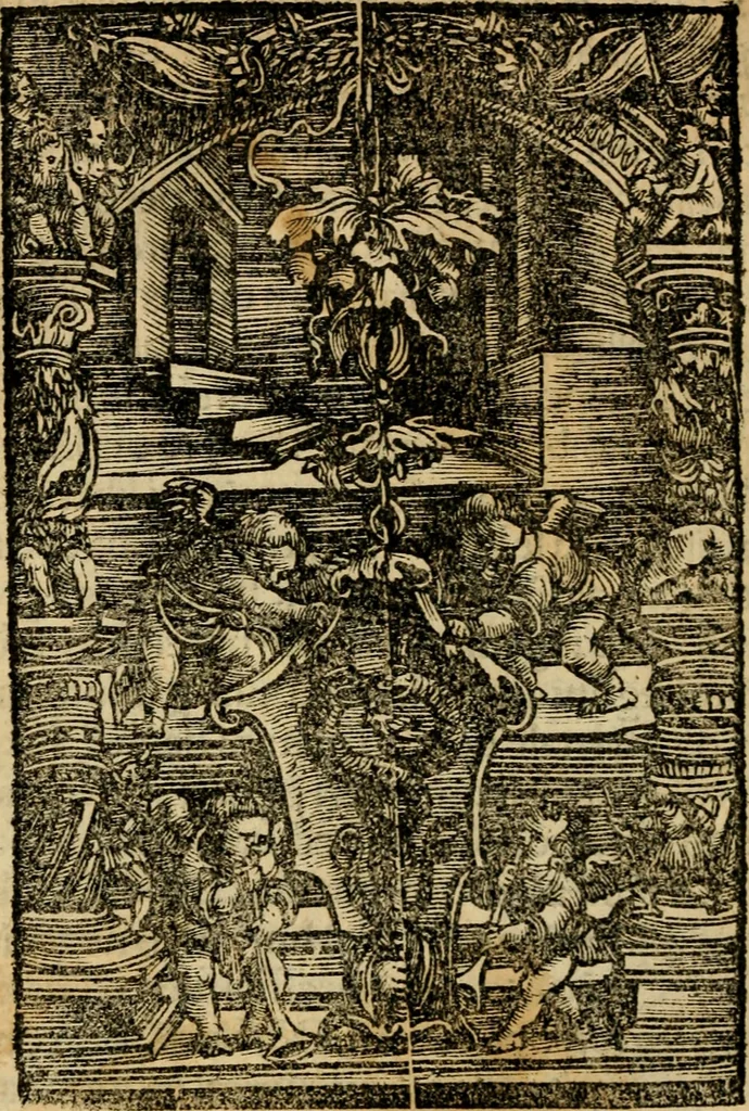 An illustration from Aesopi Phrygis vita et fabellae : cum latina interpretatione. Gabriae Graeci fabellae tres & quadraginta ex trimetris iambis, praeter ultima ex Scazonte, tetrastichis conclusae : cum latina interpretatione. Ex Aphthonii exercitametis de fabula : tum de formicis & cicadis graece & latine. De fabula ex imaginibus Philostrati graece & latine. Ex Hermogensis exercitametis de fabula Prisciano interprete. [Homeri batrachomyomachia, hoc est, Ranarum & murium pugna : Graece & Latine. De Ero & Leandro : Graece & Latine, 1518, leaf 371
