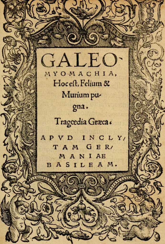 An illustration from Aesopi Phrygis vita et fabellae : cum latina interpretatione. Gabriae Graeci fabellae tres & quadraginta ex trimetris iambis, praeter ultima ex Scazonte, tetrastichis conclusae : cum latina interpretatione. Ex Aphthonii exercitametis de fabula : tum de formicis & cicadis graece & latine. De fabula ex imaginibus Philostrati graece & latine. Ex Hermogensis exercitametis de fabula Prisciano interprete. [Homeri batrachomyomachia, hoc est, Ranarum & murium pugna : Graece & Latine. De Ero & Leandro : Graece & Latine, 1518, leaf 372
