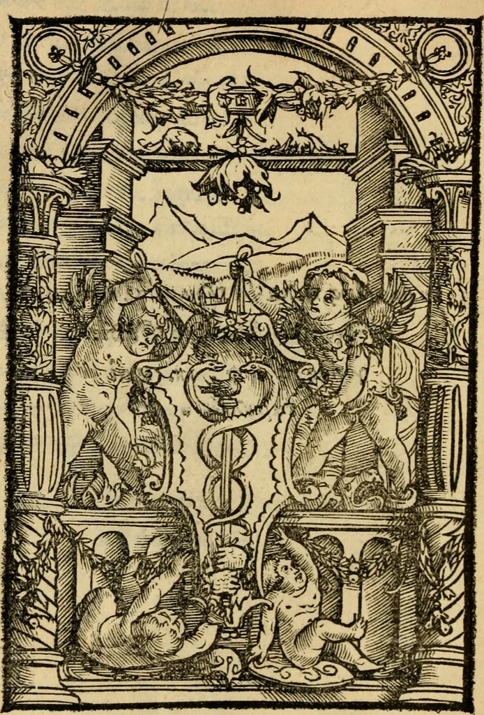 An illustration from Aesopi Phrygis vita et fabellae : cum latina interpretatione. Gabriae Graeci fabellae tres & quadraginta ex trimetris iambis, praeter ultima ex Scazonte, tetrastichis conclusae : cum latina interpretatione. Ex Aphthonii exercitametis de fabula : tum de formicis & cicadis graece & latine. De fabula ex imaginibus Philostrati graece & latine. Ex Hermogensis exercitametis de fabula Prisciano interprete. [Homeri batrachomyomachia, hoc est, Ranarum & murium pugna : Graece & Latine. De Ero & Leandro : Graece & Latine, 1518, leaf 395