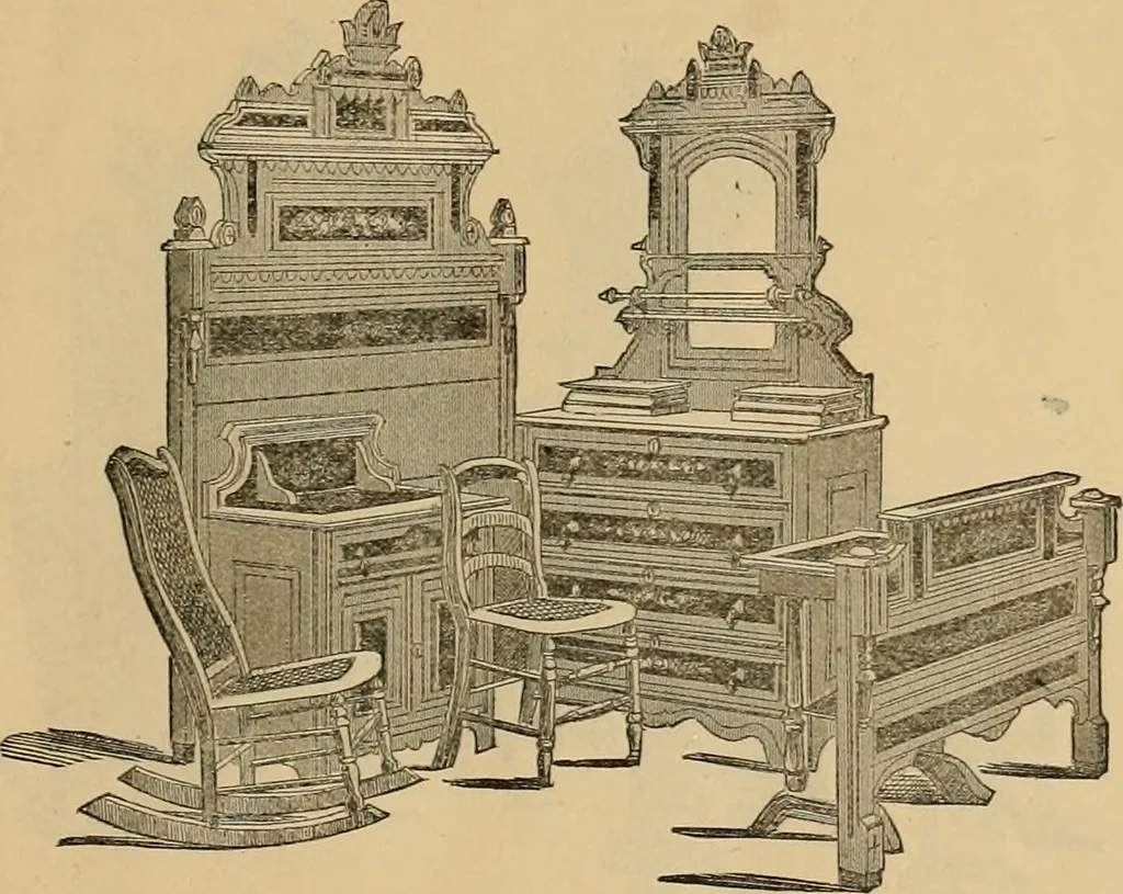 An illustration from A. H. Heilman and Co.'s ninth annual catalogue of cottage and ash walnut trimmed chamber furniture, Williamsport, Pa., March 1, 1880., 1880, leaf 8
