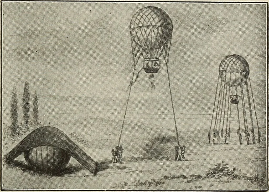 An illustration from Airships past and present, together with chapters on the use of balloons in connection with meteorology, photography and the carrier pigeon, 1908, leaf 150