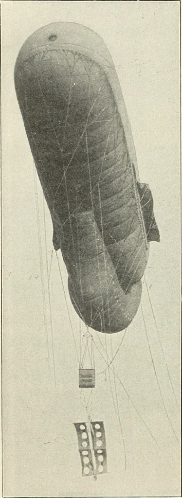 An illustration from Airships past and present, together with chapters on the use of balloons in connection with meteorology, photography and the carrier pigeon, 1908, leaf 209