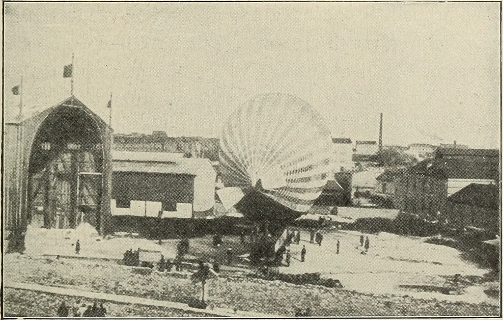 An illustration from Airships past and present, together with chapters on the use of balloons in connection with meteorology, photography and the carrier pigeon, 1908, leaf 96