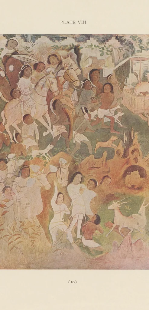 An illustration from Ajanta frescoes : being reproductions in colour and monochrome of frescoes in some of the caves at Ajanta after copies taken in the years 1909-1911 by Lady Herringham and her assistants, 1915, leaf 10