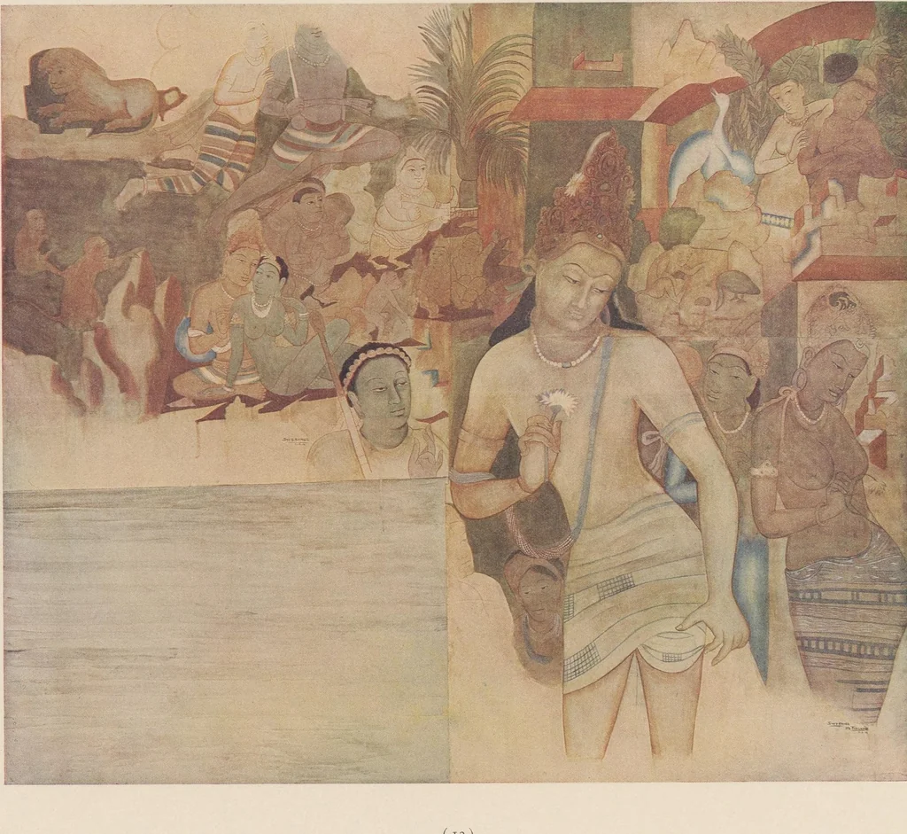An illustration from Ajanta frescoes : being reproductions in colour and monochrome of frescoes in some of the caves at Ajanta after copies taken in the years 1909-1911 by Lady Herringham and her assistants, 1915, leaf 13