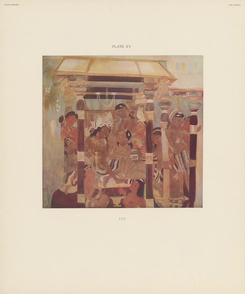 An illustration from Ajanta frescoes : being reproductions in colour and monochrome of frescoes in some of the caves at Ajanta after copies taken in the years 1909-1911 by Lady Herringham and her assistants, 1915, leaf 17