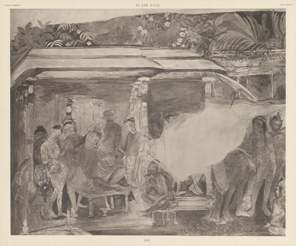 An illustration from Ajanta frescoes : being reproductions in colour and monochrome of frescoes in some of the caves at Ajanta after copies taken in the years 1909-1911 by Lady Herringham and her assistants, 1915, leaf 20