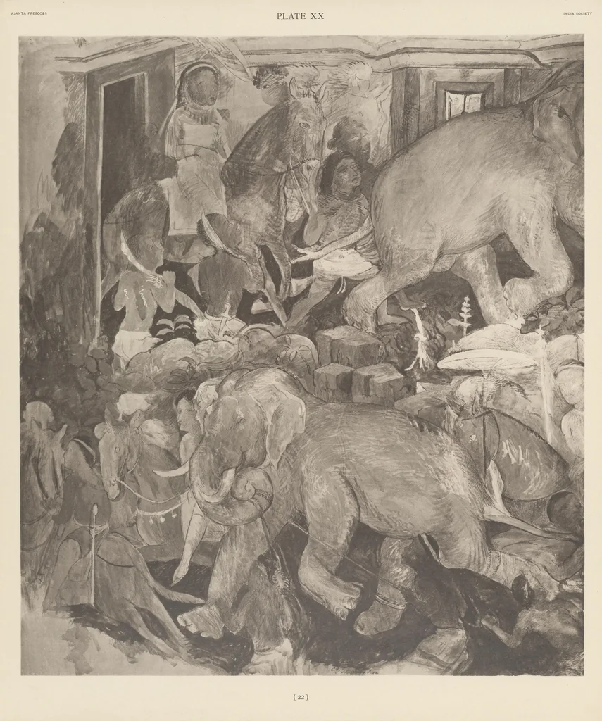 An illustration from Ajanta frescoes : being reproductions in colour and monochrome of frescoes in some of the caves at Ajanta after copies taken in the years 1909-1911 by Lady Herringham and her assistants, 1915, leaf 22