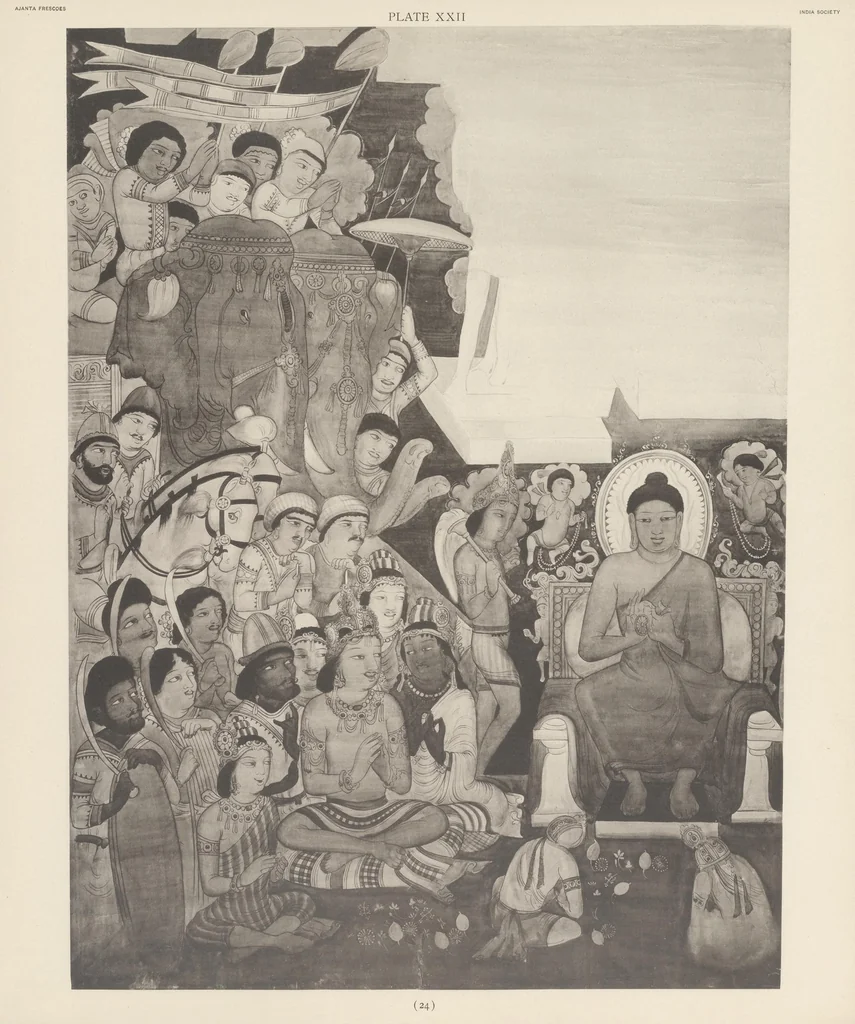 An illustration from Ajanta frescoes : being reproductions in colour and monochrome of frescoes in some of the caves at Ajanta after copies taken in the years 1909-1911 by Lady Herringham and her assistants, 1915, leaf 24