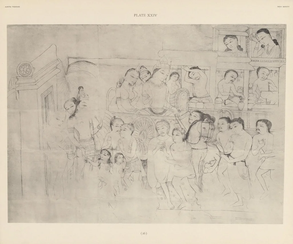 An illustration from Ajanta frescoes : being reproductions in colour and monochrome of frescoes in some of the caves at Ajanta after copies taken in the years 1909-1911 by Lady Herringham and her assistants, 1915, leaf 26