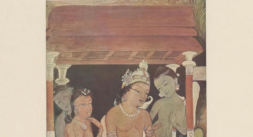 An illustration from Ajanta frescoes : being reproductions in colour and monochrome of frescoes in some of the caves at Ajanta after copies taken in the years 1909-1911 by Lady Herringham and her assistants, 1915, leaf 3