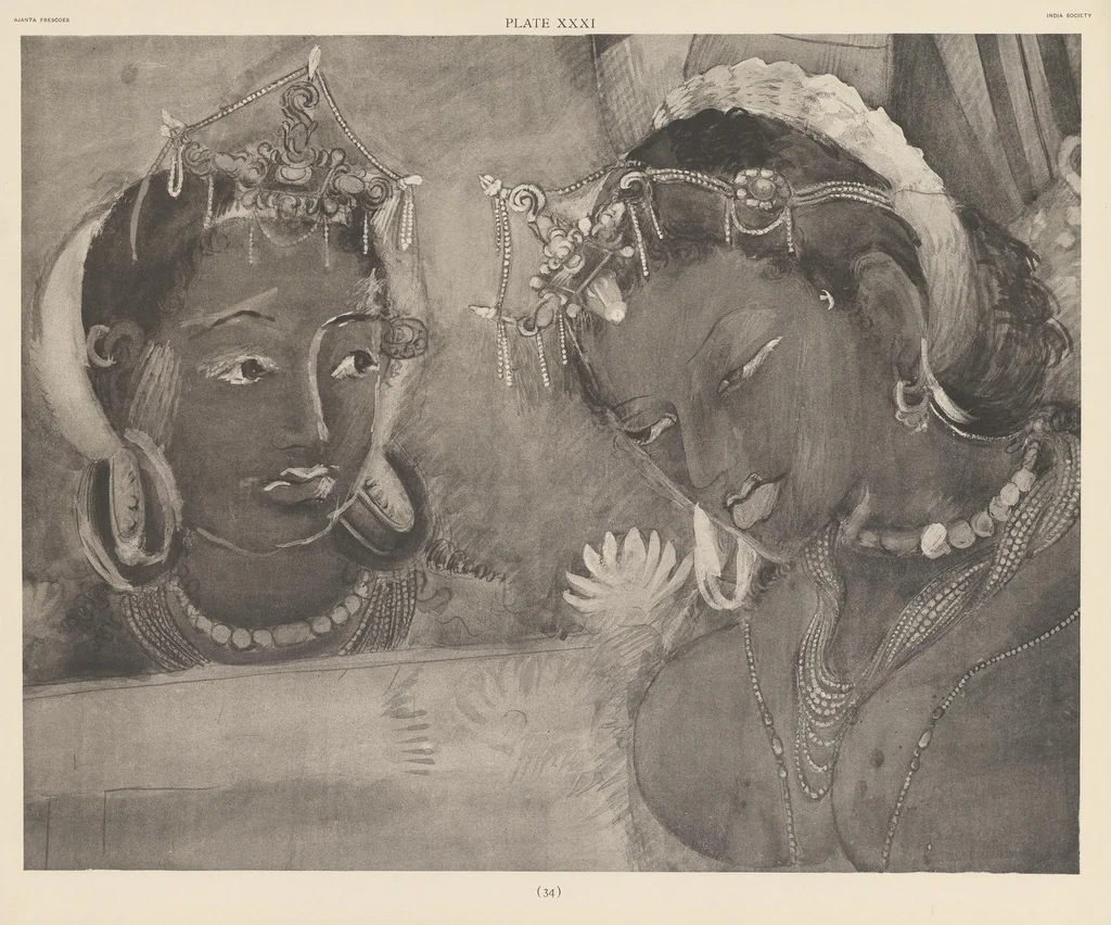 An illustration from Ajanta frescoes : being reproductions in colour and monochrome of frescoes in some of the caves at Ajanta after copies taken in the years 1909-1911 by Lady Herringham and her assistants, 1915, leaf 33