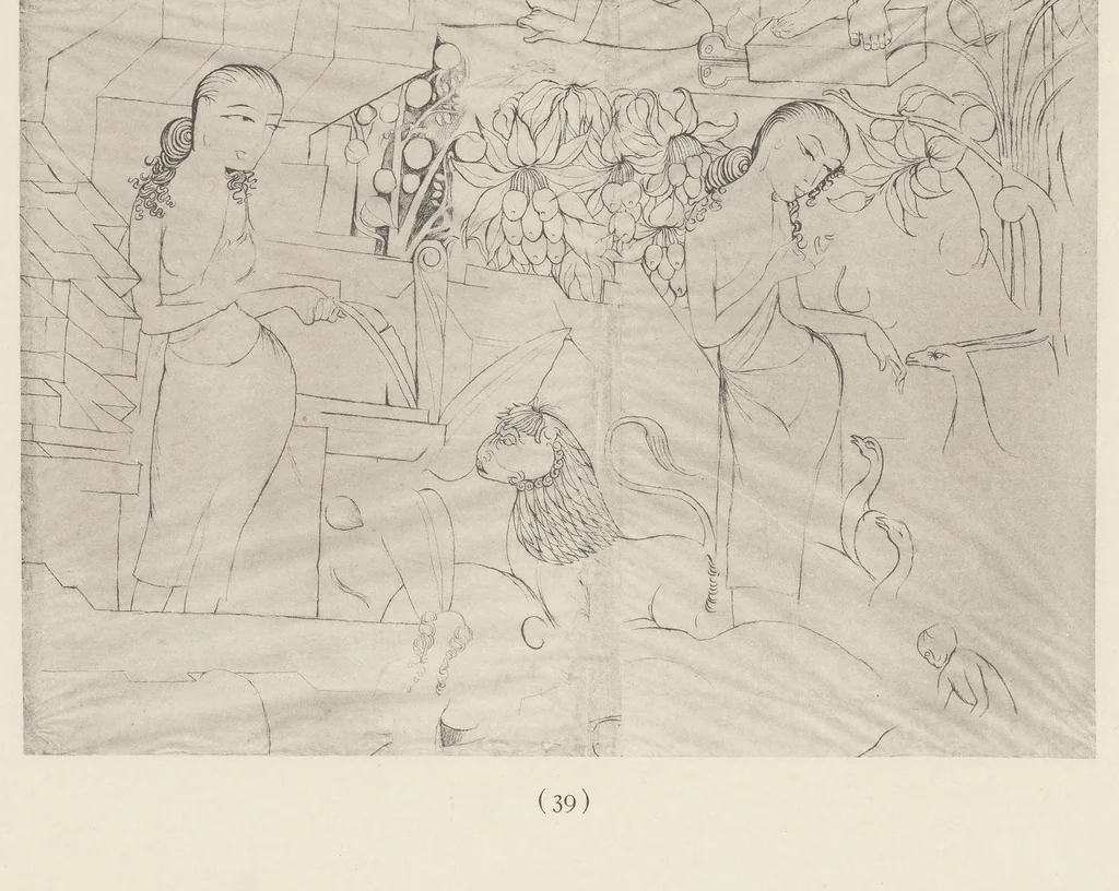 An illustration from Ajanta frescoes : being reproductions in colour and monochrome of frescoes in some of the caves at Ajanta after copies taken in the years 1909-1911 by Lady Herringham and her assistants, 1915, leaf 37