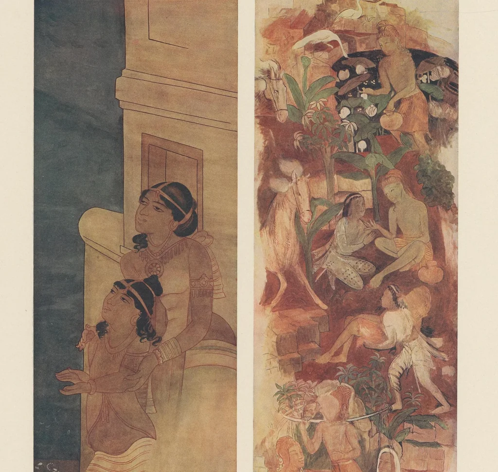 An illustration from Ajanta frescoes : being reproductions in colour and monochrome of frescoes in some of the caves at Ajanta after copies taken in the years 1909-1911 by Lady Herringham and her assistants, 1915, leaf 8