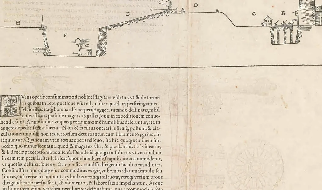 An illustration from Alberti Dureri pictoris et architecti praestantissimi de vrbibus, arcibus, castellísque condendis, ac muniendis rationes aliquot, praesenti bellorum necessitati accommodatissimae : nunc recens è lingua Germanica in Latinam traductae, 1535, leaf 107