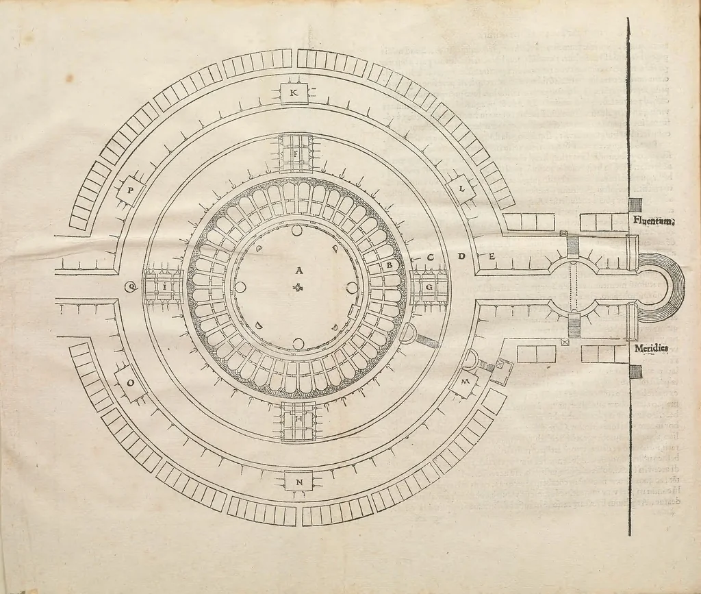 An illustration from Alberti Dureri pictoris et architecti praestantissimi de vrbibus, arcibus, castellísque condendis, ac muniendis rationes aliquot, praesenti bellorum necessitati accommodatissimae : nunc recens è lingua Germanica in Latinam traductae, 1535, leaf 94