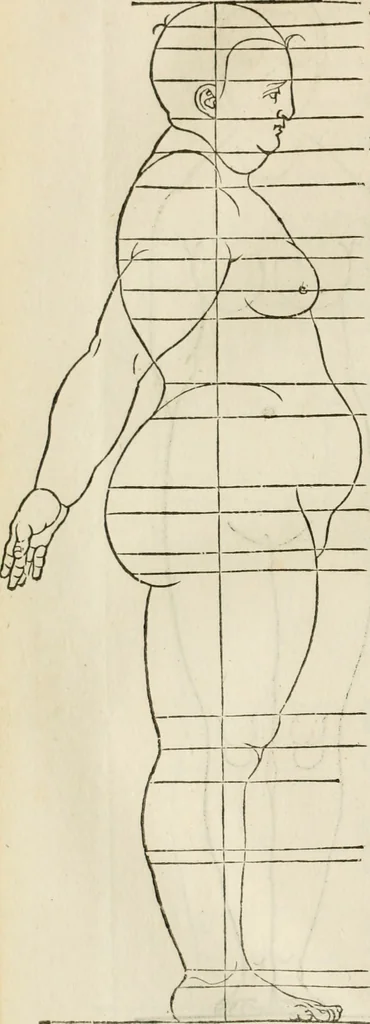 An illustration from Alberti Dvreri clarissimi pictoris et geometrae De symmetria partium humanorum corporum libri quatuor : è germanica lingua in latinam versi, 1557, leaf 181