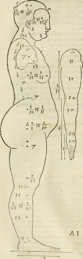 An illustration from Alberti Dvreri clarissimi pictoris et geometrae De symmetria partium humanorum corporum libri quatuor : è germanica lingua in latinam versi, 1557, leaf 19