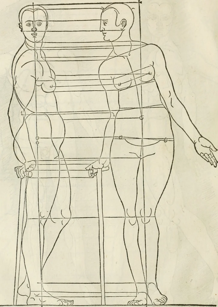 An illustration from Alberti Dvreri clarissimi pictoris et geometrae De symmetria partium humanorum corporum libri quatuor : è germanica lingua in latinam versi, 1557, leaf 227