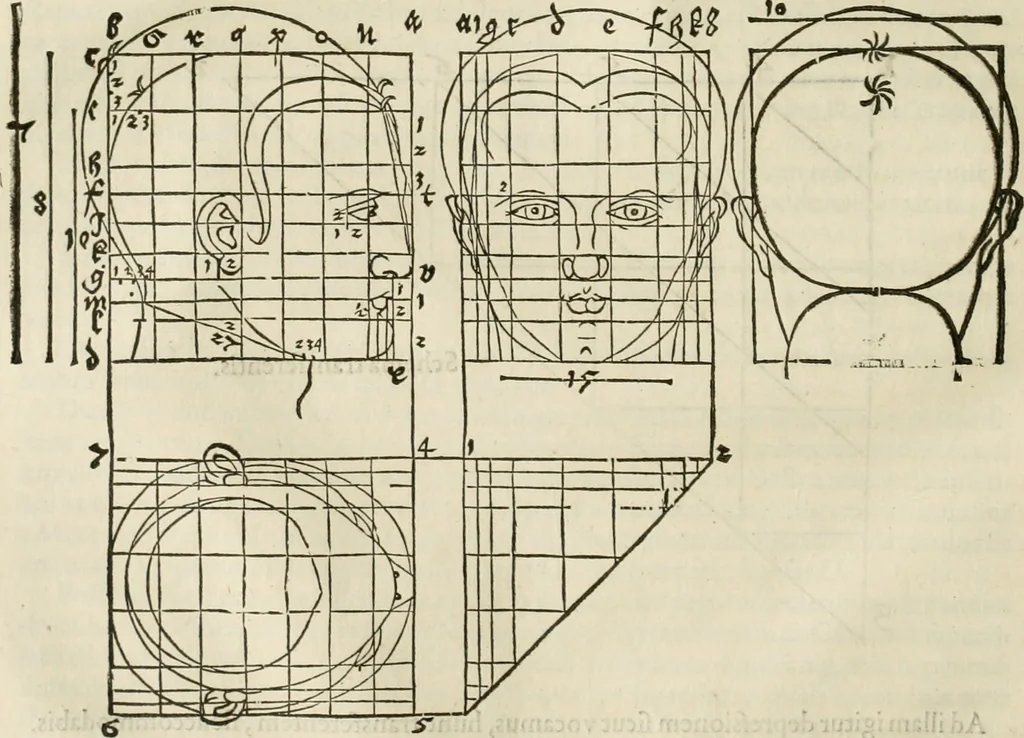 An illustration from Alberti Dvreri clarissimi pictoris et geometrae De symmetria partium humanorum corporum libri quatuor : è germanica lingua in latinam versi, 1557, leaf 53