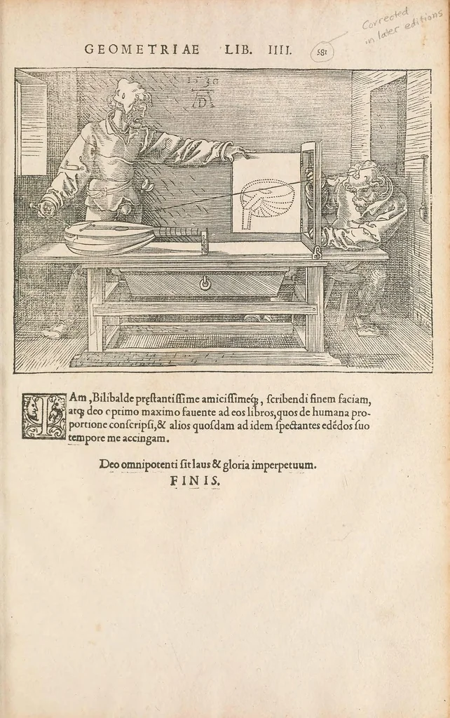 An illustration from Albertus Durerus Nurembergensis pictor huius aetatis celeberrimus, versus è Germanica lingua in Latinam, pictoribus, fabris aerariis ac lignariis, lapicidis, statuariis, & vniuersis demum qui circino, gnomone, libella, aut alioqui certa mensura opera sua examinant, propè necessarius, adeò exactè quatuor his suaru[m] Institutionum geometricarum libris, lineas, superficies & solida corpora tractauit, adhibitis designationibus ad eam rem accommodatissimis : denuo ad scripti exemplaris fidem omnia diligenter recognita, emendatius iam in lucem exeunt, 1535, leaf 217