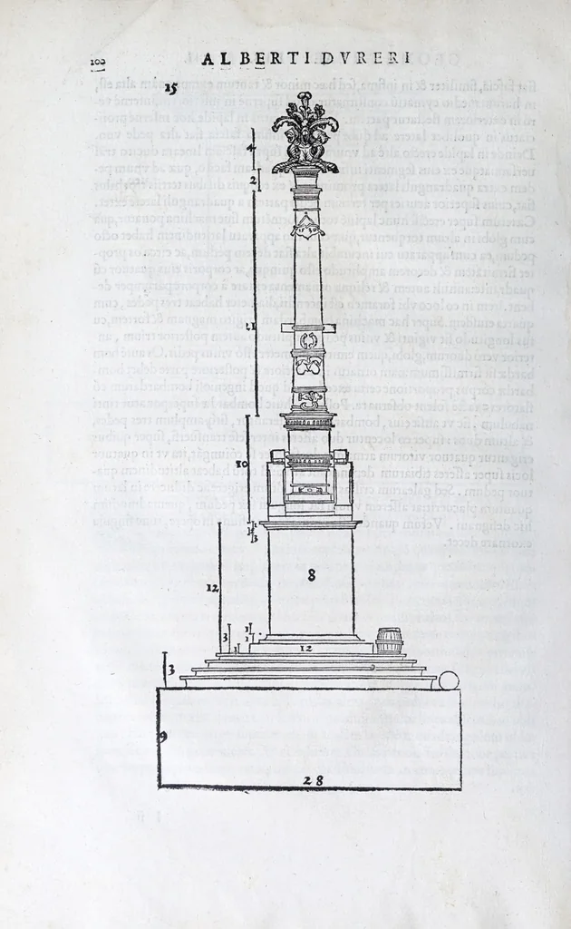 An illustration from Albertvs Dvrervs Nvrembergensis pictor hvivs aetatis celeberrimus, versus è Germanica lingua in Latinam : pictoribus, fabris aerariis ac lignariis, lapicidis, statuariis, & vniuersis demum qui circino, gnomone, libella, aut alioqui certa mensura opera sua examinant, propè necessarius, adeò exactè : quatuor his suaru[m] Institutionum geometricarum libris, lineas, superficies & solida corpora tractauit, adhibitis designationibus ad eam rem accommodatissimis : denuo ad scripti exemplaris fidem omnia diligenter recognita, emendatius iam in lucem exeunt, 1535, leaf 112