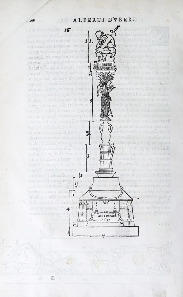 An illustration from Albertvs Dvrervs Nvrembergensis pictor hvivs aetatis celeberrimus, versus è Germanica lingua in Latinam : pictoribus, fabris aerariis ac lignariis, lapicidis, statuariis, & vniuersis demum qui circino, gnomone, libella, aut alioqui certa mensura opera sua examinant, propè necessarius, adeò exactè : quatuor his suaru[m] Institutionum geometricarum libris, lineas, superficies & solida corpora tractauit, adhibitis designationibus ad eam rem accommodatissimis : denuo ad scripti exemplaris fidem omnia diligenter recognita, emendatius iam in lucem exeunt, 1535, leaf 114