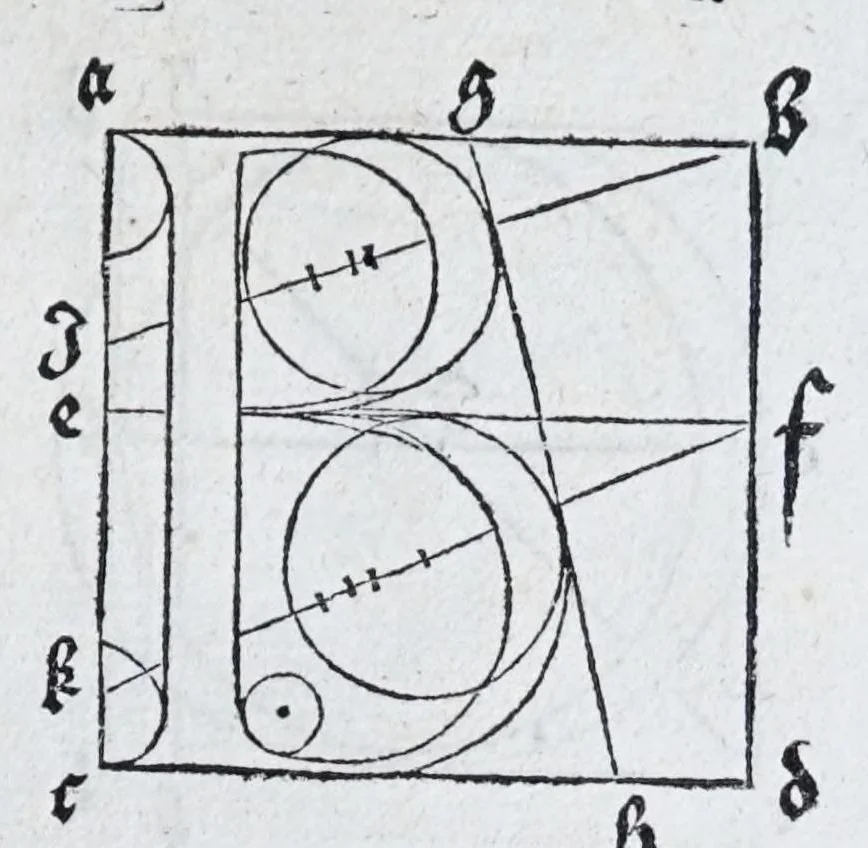 An illustration from Albertvs Dvrervs Nvrembergensis pictor hvivs aetatis celeberrimus, versus è Germanica lingua in Latinam : pictoribus, fabris aerariis ac lignariis, lapicidis, statuariis, & vniuersis demum qui circino, gnomone, libella, aut alioqui certa mensura opera sua examinant, propè necessarius, adeò exactè : quatuor his suaru[m] Institutionum geometricarum libris, lineas, superficies & solida corpora tractauit, adhibitis designationibus ad eam rem accommodatissimis : denuo ad scripti exemplaris fidem omnia diligenter recognita, emendatius iam in lucem exeunt, 1535, leaf 131