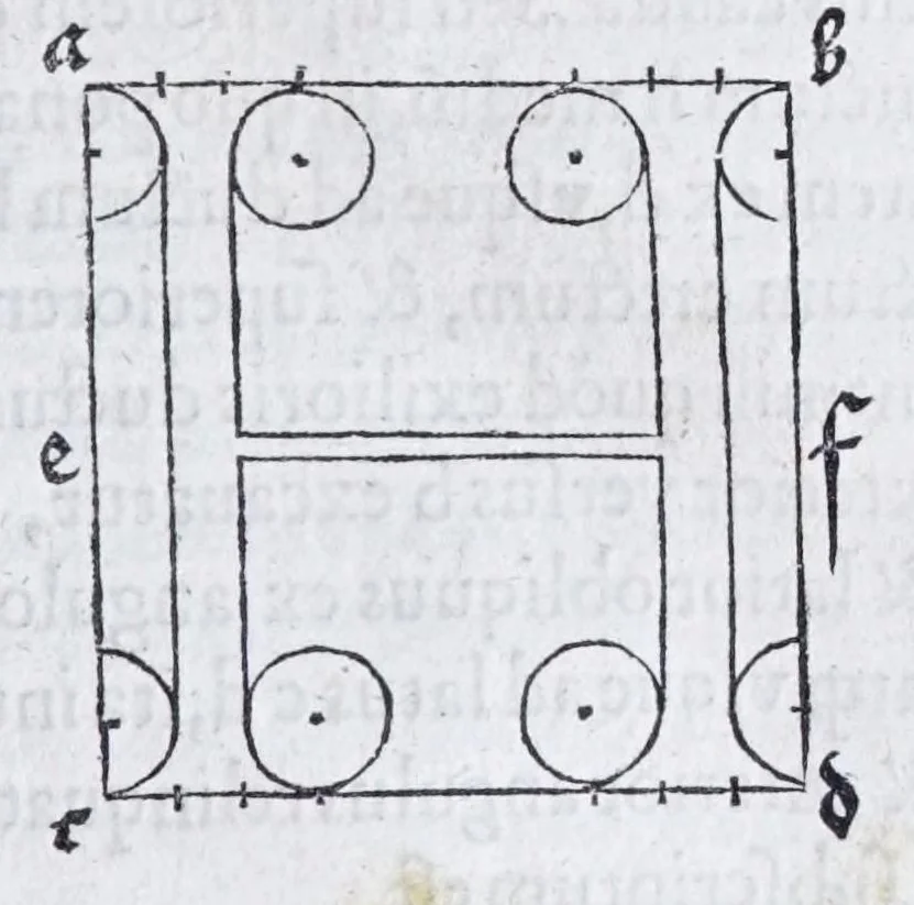 An illustration from Albertvs Dvrervs Nvrembergensis pictor hvivs aetatis celeberrimus, versus è Germanica lingua in Latinam : pictoribus, fabris aerariis ac lignariis, lapicidis, statuariis, & vniuersis demum qui circino, gnomone, libella, aut alioqui certa mensura opera sua examinant, propè necessarius, adeò exactè : quatuor his suaru[m] Institutionum geometricarum libris, lineas, superficies & solida corpora tractauit, adhibitis designationibus ad eam rem accommodatissimis : denuo ad scripti exemplaris fidem omnia diligenter recognita, emendatius iam in lucem exeunt, 1535, leaf 135