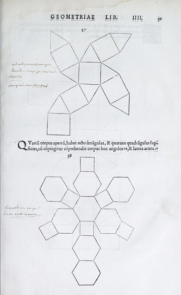 An illustration from Albertvs Dvrervs Nvrembergensis pictor hvivs aetatis celeberrimus, versus è Germanica lingua in Latinam : pictoribus, fabris aerariis ac lignariis, lapicidis, statuariis, & vniuersis demum qui circino, gnomone, libella, aut alioqui certa mensura opera sua examinant, propè necessarius, adeò exactè : quatuor his suaru[m] Institutionum geometricarum libris, lineas, superficies & solida corpora tractauit, adhibitis designationibus ad eam rem accommodatissimis : denuo ad scripti exemplaris fidem omnia diligenter recognita, emendatius iam in lucem exeunt, 1535, leaf 165