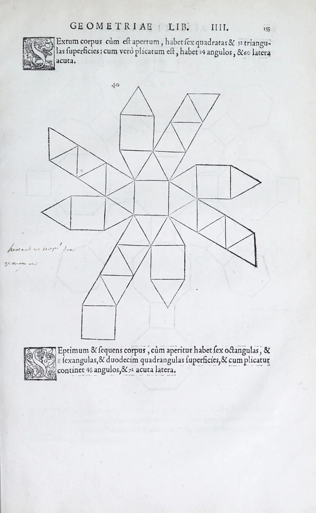 An illustration from Albertvs Dvrervs Nvrembergensis pictor hvivs aetatis celeberrimus, versus è Germanica lingua in Latinam : pictoribus, fabris aerariis ac lignariis, lapicidis, statuariis, & vniuersis demum qui circino, gnomone, libella, aut alioqui certa mensura opera sua examinant, propè necessarius, adeò exactè : quatuor his suaru[m] Institutionum geometricarum libris, lineas, superficies & solida corpora tractauit, adhibitis designationibus ad eam rem accommodatissimis : denuo ad scripti exemplaris fidem omnia diligenter recognita, emendatius iam in lucem exeunt, 1535, leaf 167