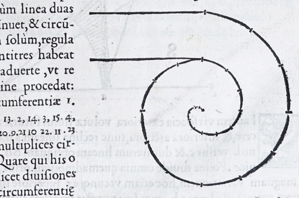 An illustration from Albertvs Dvrervs Nvrembergensis pictor hvivs aetatis celeberrimus, versus è Germanica lingua in Latinam : pictoribus, fabris aerariis ac lignariis, lapicidis, statuariis, & vniuersis demum qui circino, gnomone, libella, aut alioqui certa mensura opera sua examinant, propè necessarius, adeò exactè : quatuor his suaru[m] Institutionum geometricarum libris, lineas, superficies & solida corpora tractauit, adhibitis designationibus ad eam rem accommodatissimis : denuo ad scripti exemplaris fidem omnia diligenter recognita, emendatius iam in lucem exeunt, 1535, leaf 17