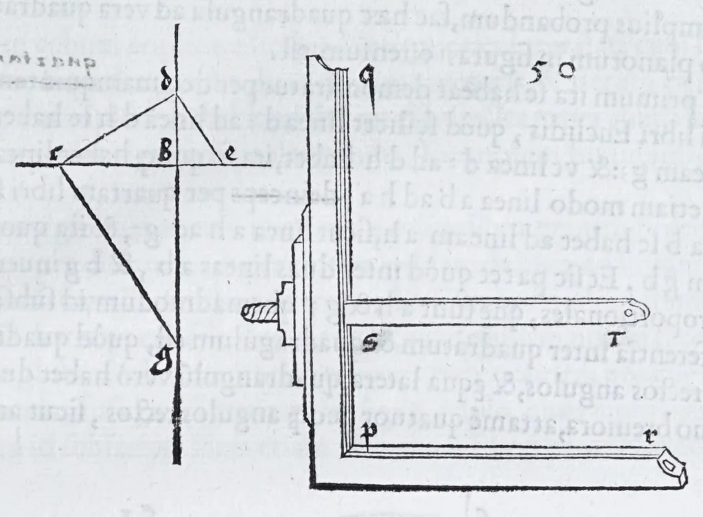 An illustration from Albertvs Dvrervs Nvrembergensis pictor hvivs aetatis celeberrimus, versus è Germanica lingua in Latinam : pictoribus, fabris aerariis ac lignariis, lapicidis, statuariis, & vniuersis demum qui circino, gnomone, libella, aut alioqui certa mensura opera sua examinant, propè necessarius, adeò exactè : quatuor his suaru[m] Institutionum geometricarum libris, lineas, superficies & solida corpora tractauit, adhibitis designationibus ad eam rem accommodatissimis : denuo ad scripti exemplaris fidem omnia diligenter recognita, emendatius iam in lucem exeunt, 1535, leaf 177