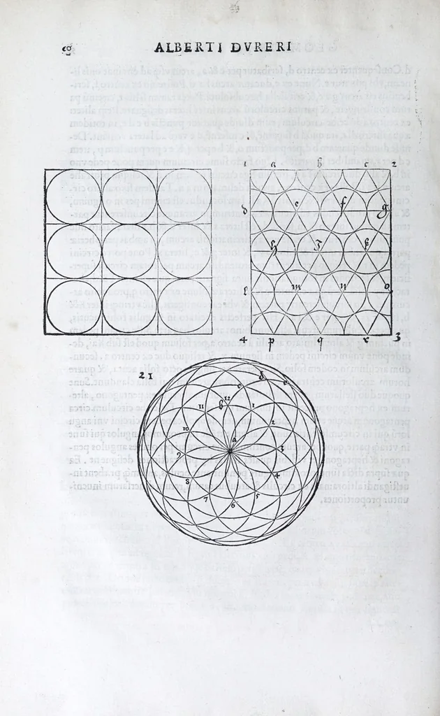 An illustration from Albertvs Dvrervs Nvrembergensis pictor hvivs aetatis celeberrimus, versus è Germanica lingua in Latinam : pictoribus, fabris aerariis ac lignariis, lapicidis, statuariis, & vniuersis demum qui circino, gnomone, libella, aut alioqui certa mensura opera sua examinant, propè necessarius, adeò exactè : quatuor his suaru[m] Institutionum geometricarum libris, lineas, superficies & solida corpora tractauit, adhibitis designationibus ad eam rem accommodatissimis : denuo ad scripti exemplaris fidem omnia diligenter recognita, emendatius iam in lucem exeunt, 1535, leaf 72