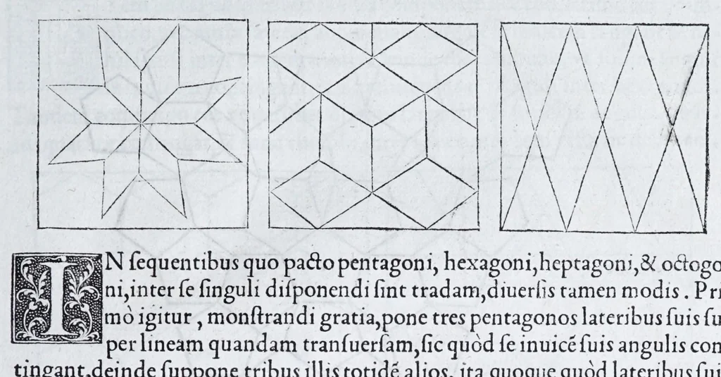An illustration from Albertvs Dvrervs Nvrembergensis pictor hvivs aetatis celeberrimus, versus è Germanica lingua in Latinam : pictoribus, fabris aerariis ac lignariis, lapicidis, statuariis, & vniuersis demum qui circino, gnomone, libella, aut alioqui certa mensura opera sua examinant, propè necessarius, adeò exactè : quatuor his suaru[m] Institutionum geometricarum libris, lineas, superficies & solida corpora tractauit, adhibitis designationibus ad eam rem accommodatissimis : denuo ad scripti exemplaris fidem omnia diligenter recognita, emendatius iam in lucem exeunt, 1535, leaf 75