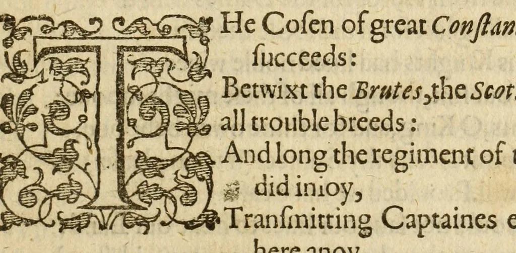 An illustration from Albions England : a continued historie of the same kingdome, from the originals of the first inhabitants thereof : with most the chiefe alterations and accidents theare hapning, vnto, and in the happie raigne of our now most gracious soueraigne, Queene Elizabeth : not barren in varietie of inuentiue and historicall intermixtures, 1602, leaf 111