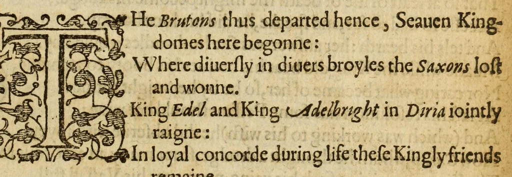 An illustration from Albions England : a continued historie of the same kingdome, from the originals of the first inhabitants thereof : with most the chiefe alterations and accidents theare hapning, vnto, and in the happie raigne of our now most gracious soueraigne, Queene Elizabeth : not barren in varietie of inuentiue and historicall intermixtures, 1602, leaf 117