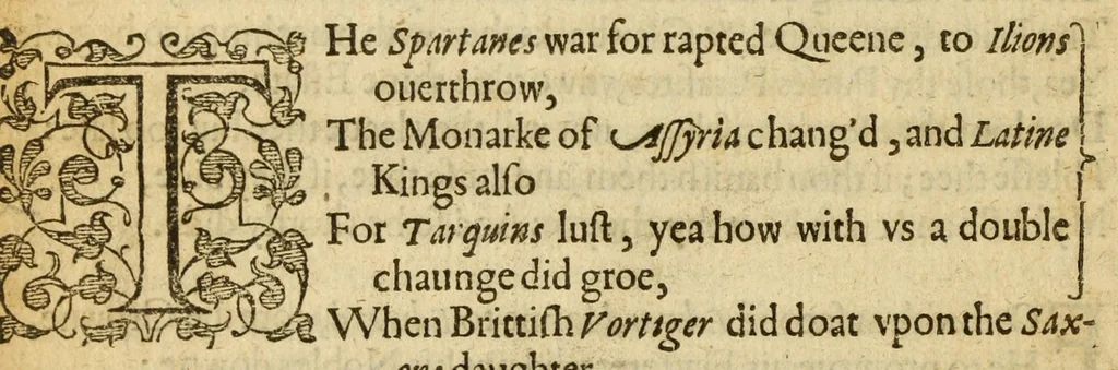 An illustration from Albions England : a continued historie of the same kingdome, from the originals of the first inhabitants thereof : with most the chiefe alterations and accidents theare hapning, vnto, and in the happie raigne of our now most gracious soueraigne, Queene Elizabeth : not barren in varietie of inuentiue and historicall intermixtures, 1602, leaf 150