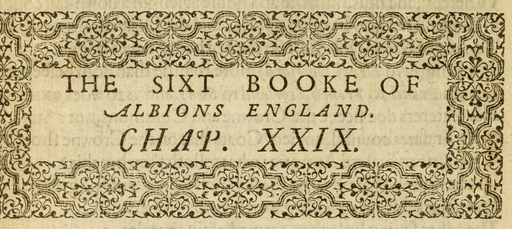 An illustration from Albions England : a continued historie of the same kingdome, from the originals of the first inhabitants thereof : with most the chiefe alterations and accidents theare hapning, vnto, and in the happie raigne of our now most gracious soueraigne, Queene Elizabeth : not barren in varietie of inuentiue and historicall intermixtures, 1602, leaf 166