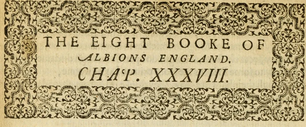 An illustration from Albions England : a continued historie of the same kingdome, from the originals of the first inhabitants thereof : with most the chiefe alterations and accidents theare hapning, vnto, and in the happie raigne of our now most gracious soueraigne, Queene Elizabeth : not barren in varietie of inuentiue and historicall intermixtures, 1602, leaf 212