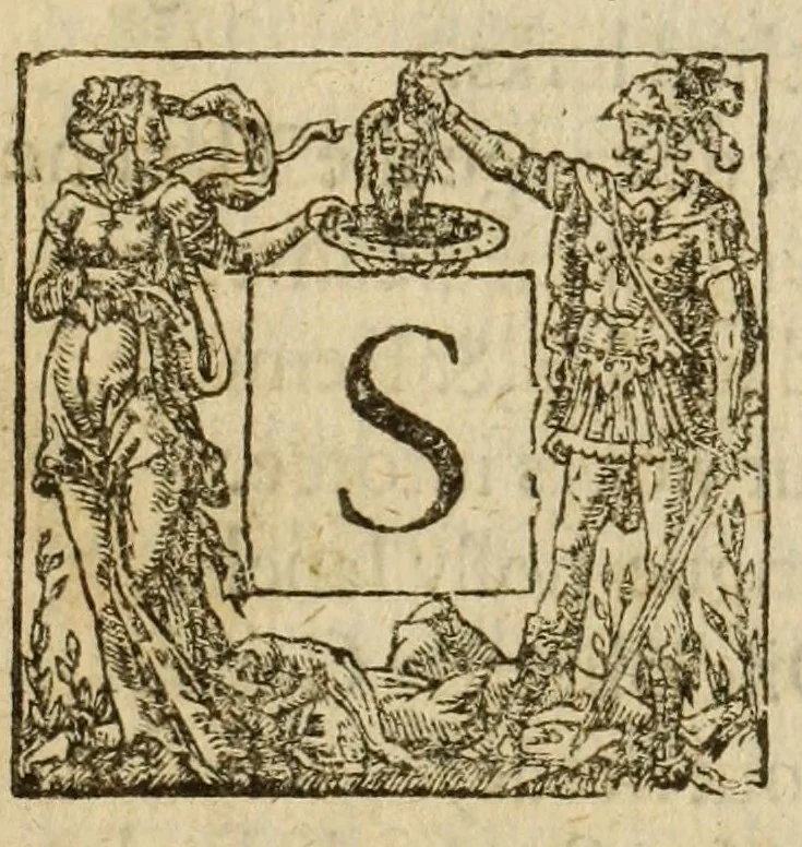 An illustration from Albions England : a continued historie of the same kingdome, from the originals of the first inhabitants thereof : with most the chiefe alterations and accidents theare hapning, vnto, and in the happie raigne of our now most gracious soueraigne, Queene Elizabeth : not barren in varietie of inuentiue and historicall intermixtures, 1602, leaf 215