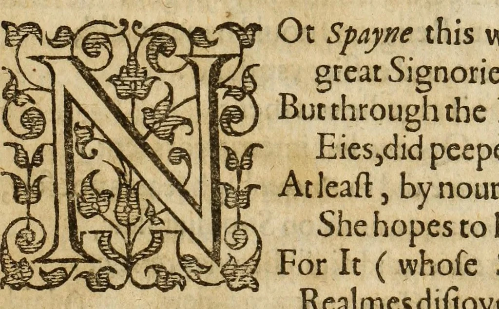 An illustration from Albions England : a continued historie of the same kingdome, from the originals of the first inhabitants thereof : with most the chiefe alterations and accidents theare hapning, vnto, and in the happie raigne of our now most gracious soueraigne, Queene Elizabeth : not barren in varietie of inuentiue and historicall intermixtures, 1602, leaf 277