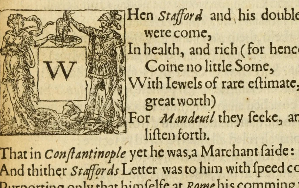 An illustration from Albions England : a continued historie of the same kingdome, from the originals of the first inhabitants thereof : with most the chiefe alterations and accidents theare hapning, vnto, and in the happie raigne of our now most gracious soueraigne, Queene Elizabeth : not barren in varietie of inuentiue and historicall intermixtures, 1602, leaf 322