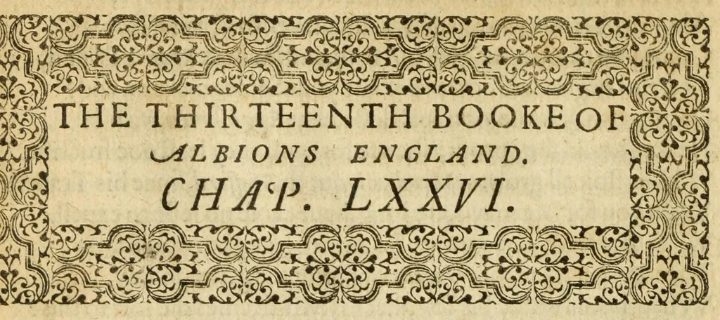 An illustration from Albions England : a continued historie of the same kingdome, from the originals of the first inhabitants thereof : with most the chiefe alterations and accidents theare hapning, vnto, and in the happie raigne of our now most gracious soueraigne, Queene Elizabeth : not barren in varietie of inuentiue and historicall intermixtures, 1602, leaf 336