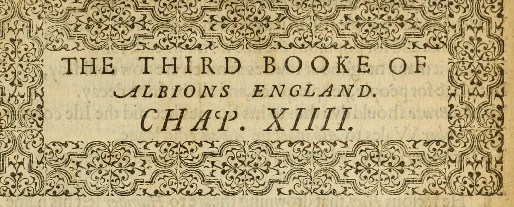 An illustration from Albions England : a continued historie of the same kingdome, from the originals of the first inhabitants thereof : with most the chiefe alterations and accidents theare hapning, vnto, and in the happie raigne of our now most gracious soueraigne, Queene Elizabeth : not barren in varietie of inuentiue and historicall intermixtures, 1602, leaf 87